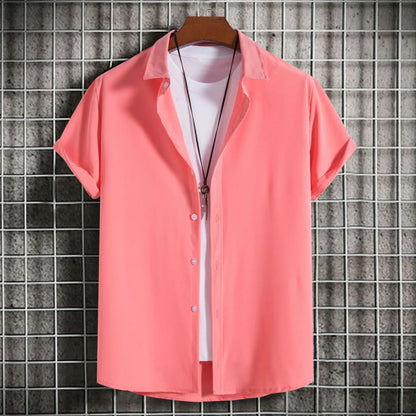 New Short Sleeve Shirts for Men Fashion Solid Casual Lapel Cardigan Tops Men Comfort Single-breasted Blouse Summer Beach Shirts