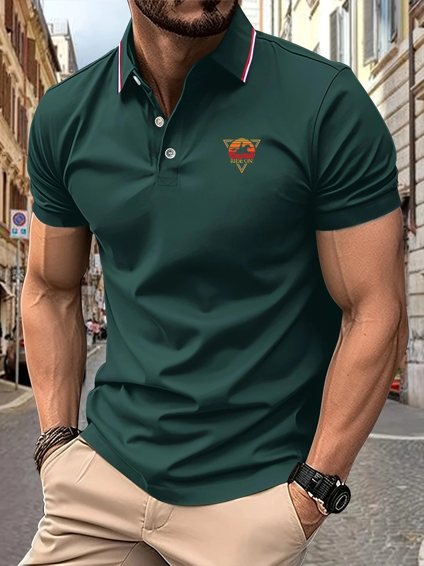 Polo Shirt Man RIDE ON! Graphic Print Summer Casual Breathable Striped Collar High Quality Men&