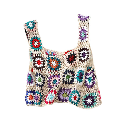 Women´s Summer Sleeveless Tops Colorful Hand Crochet Embroidery Openwork Knit Tank Tops