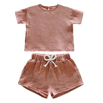 Casual Children Clothing Boys Outfit Set Solid Color Cotton Linen Short Sleeve Tops Shorts 2 PCS Summer Kids Clothing 1-7 Years