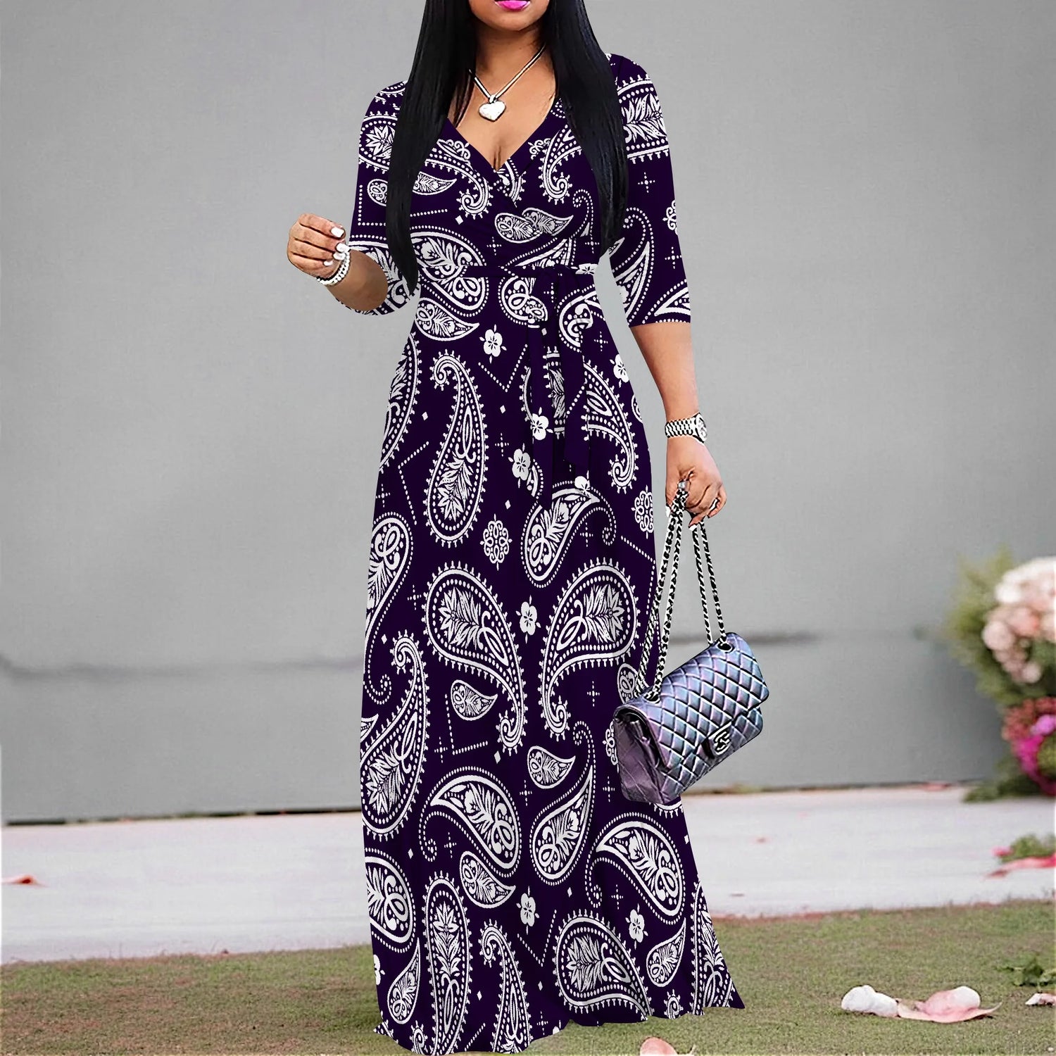 Plus Size Dresses for Women Print Maxi Dresses Flowy 3/4 Sleeve with Belt