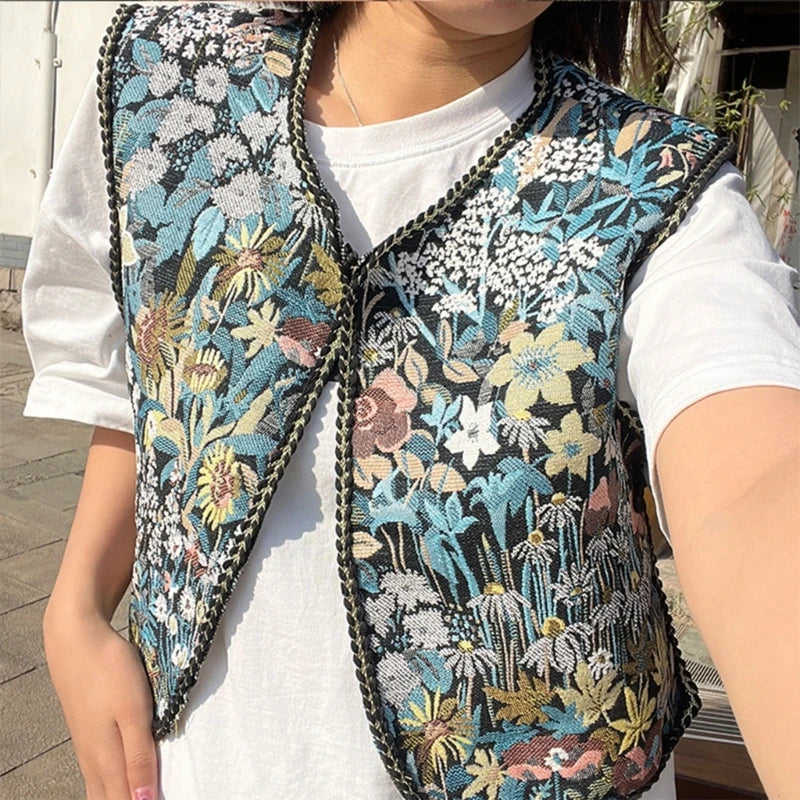 Vintage Floral Embroidery Printed Cardigan Vest Womens Elegant Sleeveless Tops Spring Summer Female Clothing Dropshipping