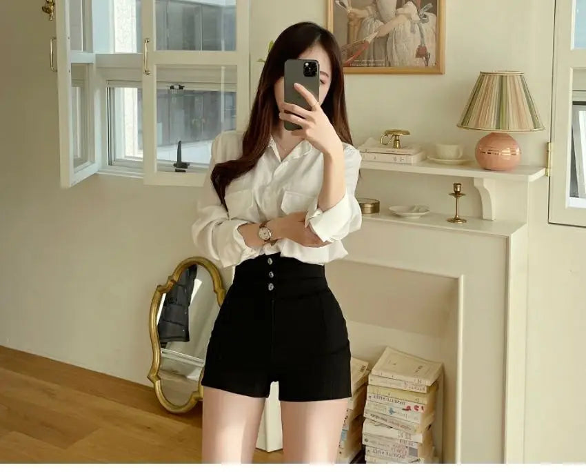 Shorts Women Classic Sporty All-match Slim Leisure Simple Holiday Faddish Streetwear Design Ulzzang Daily Solid Mature Folds New