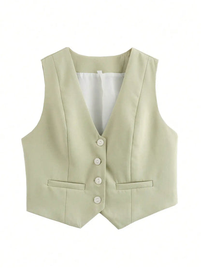 HH Women Fashion Solid Suit Vest Sleeveless Cropped Waistcoat Tops Vests Spring Summer Casual Office Lady Chic Tops