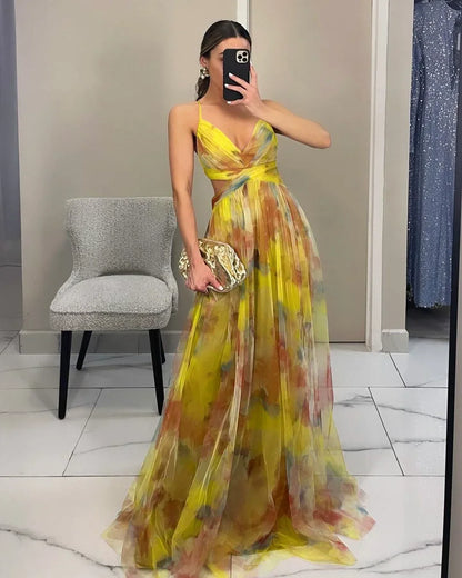 Women‘s Fashion Spring Autumn New Mesh Floral Print Beautiful Party Dress ladies Halter Dress INS Holiday Casual Long Dress