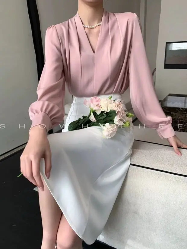 Women Clothing Fashion Loose V-Neck Chiffon Top Spring Autumn Elegant Long Sleeve Blouse Office Lady Simplicity Cozy Solid Shirt