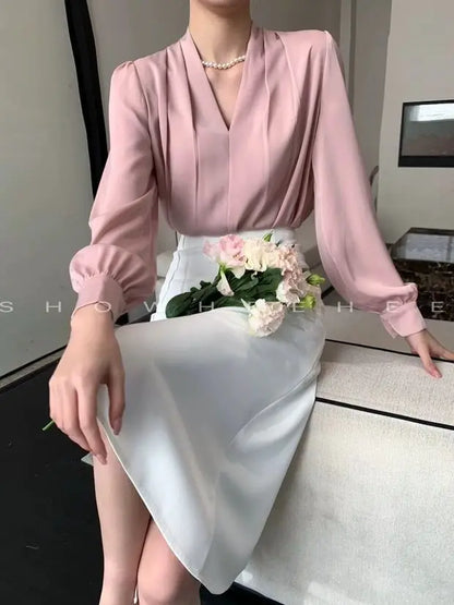 Women Clothing Fashion Loose V-Neck Chiffon Top Spring Autumn Elegant Long Sleeve Blouse Office Lady Simplicity Cozy Solid Shirt