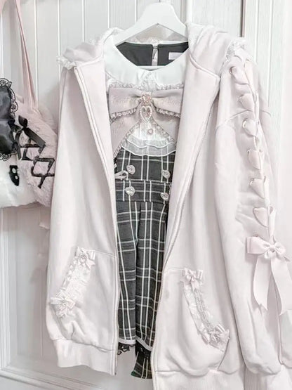 Hoodies Women 2025 Autumn New Sweet Bunny Ear Lace Hooded Sweatshirt for Women Cute Loose Tie Long Sleeve Jacket