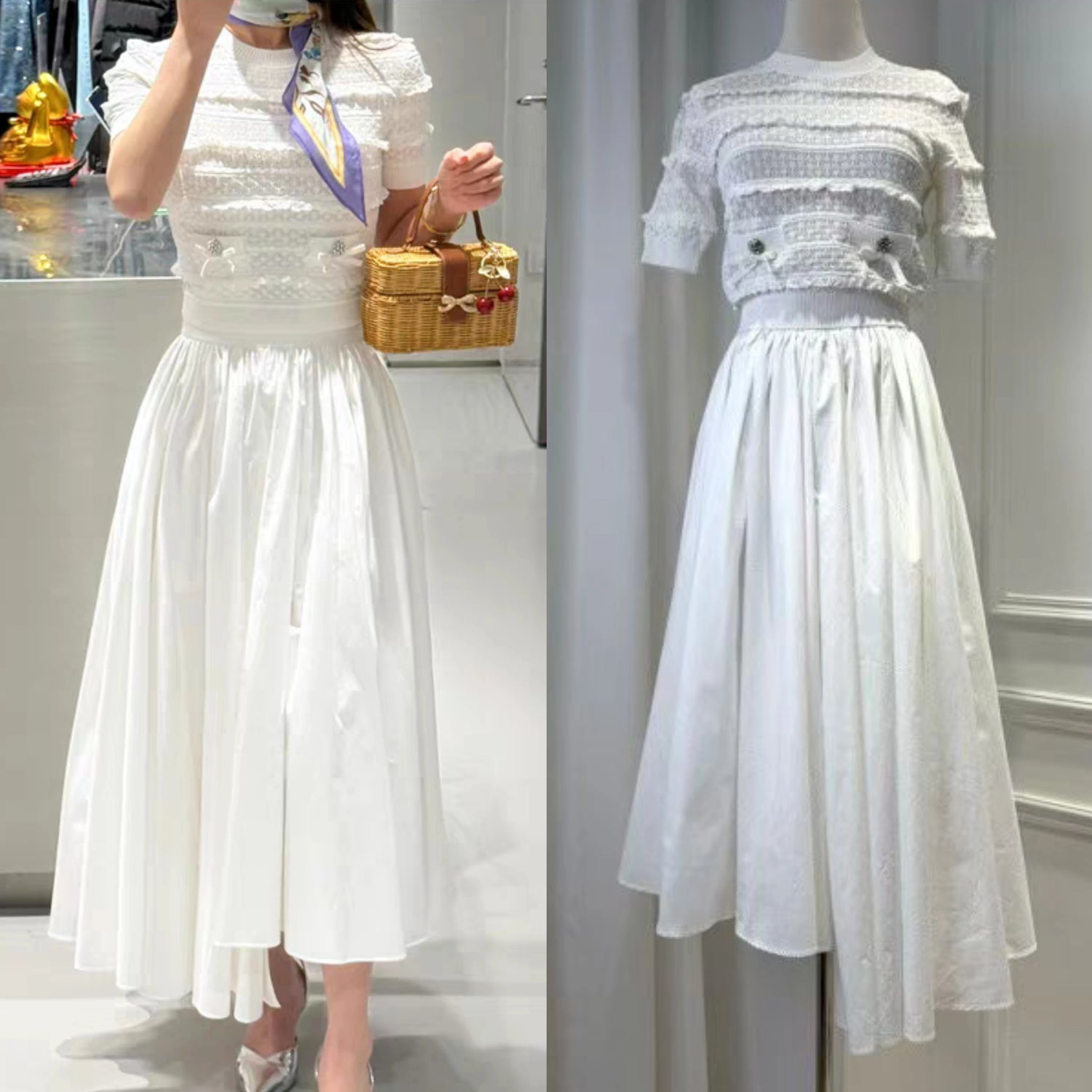 Women White Fashion Set short sleeve knit sweater tops + high waist fashion midi skirt