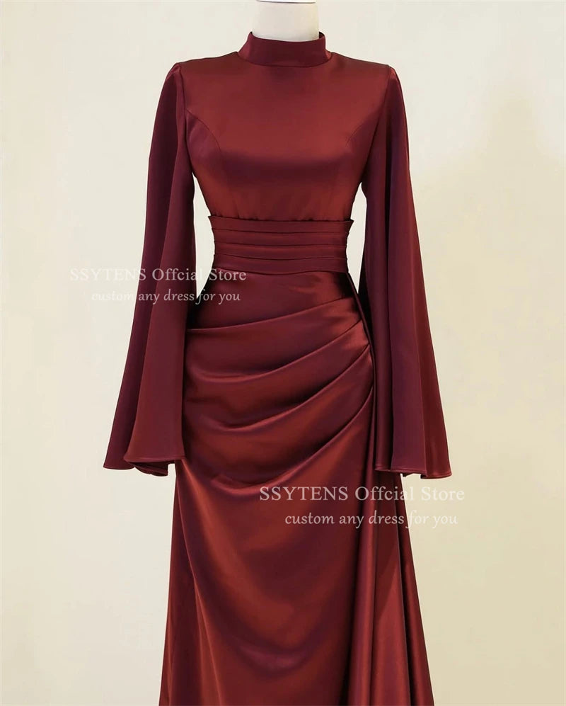 SSYTENS High Collar Muslim Evening Dresses Ruched Dubai Long Sleeves Prom Dresses Pleats Modest Arabia Party Gowns Customized