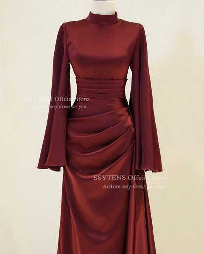 SSYTENS High Collar Muslim Evening Dresses Ruched Dubai Long Sleeves Prom Dresses Pleats Modest Arabia Party Gowns Customized
