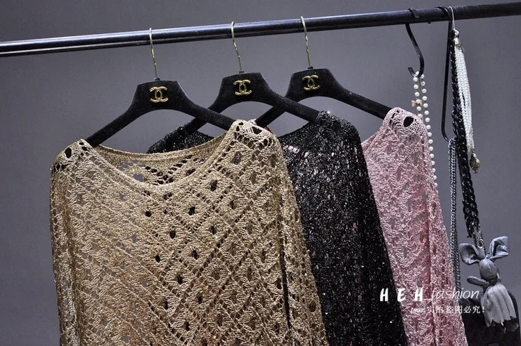 Fall Clothes for Women 2024 Fashion Sexy  Sequins Hollow Out Loose Gold Bright Silk Gown Bats Long-sleeved Round Collar Knitting