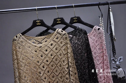 Fall Clothes for Women 2024 Fashion Sexy  Sequins Hollow Out Loose Gold Bright Silk Gown Bats Long-sleeved Round Collar Knitting