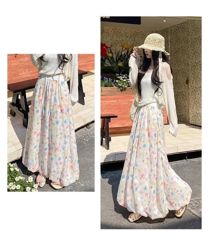 Summer French Style Floral Palazzo Pants Women High Waist Loose Boho Print Wide Leg Trousers with Drapery Comfortable &amp; Elegant