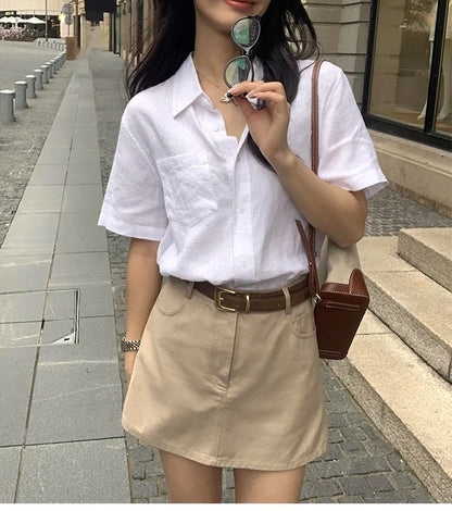 Linen Short-sleeved Shirt Women&