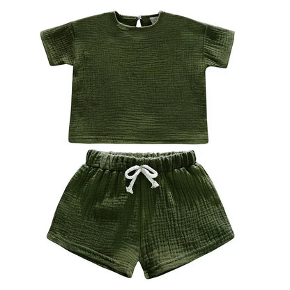 Casual Children Clothing Boys Outfit Set Solid Color Cotton Linen Short Sleeve Tops Shorts 2 PCS Summer Kids Clothing 1-7 Years