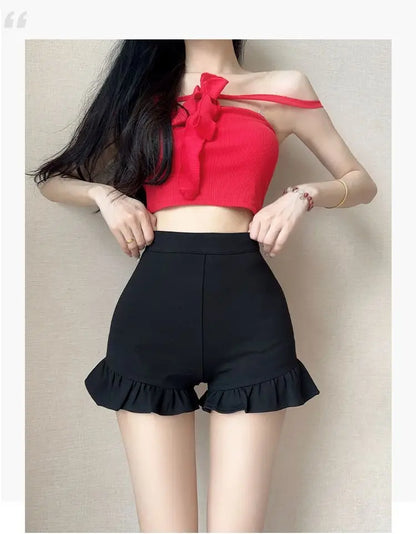 New Black Shorts for Women, Summer Style with High Waist, Slimming and Wide-leg, Casual Three-quarter Pants