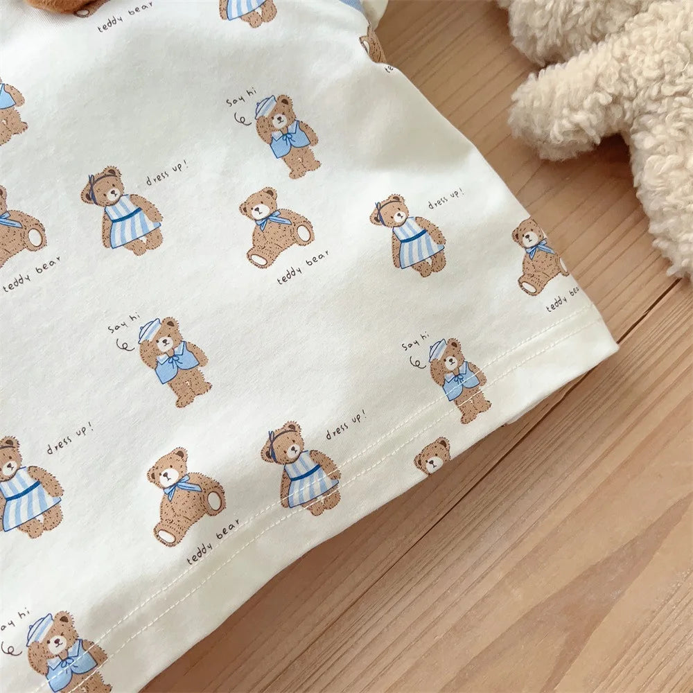 Kids Fashion: Short Sleeve Home Wear Set 2PCS , Thin Style with Cute Bear Prints, A Class Infant Clothing Set for Boys 3M-3Y