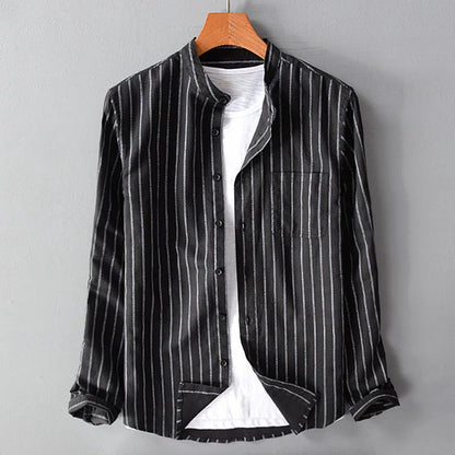 British Style Striped Cotton Linen Shirts For Men Long Sleeve Stand Collar Tops Spring Autumn Fashion Comfort Shirts Streetwear