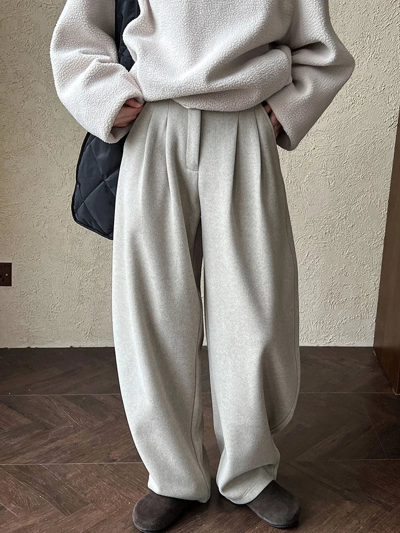 2025 Women Winter Autumn Thick Pants High Waist Wide Leg Warm Woolen Pants Fashion Clothes Vintage Pants Female Trousers