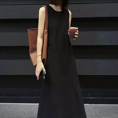 Solid Summer Sleeveless Dress Round Neck Simple Vocation Vest Dresses Beachwear Hollowed Out Open Back Long Dress Teens