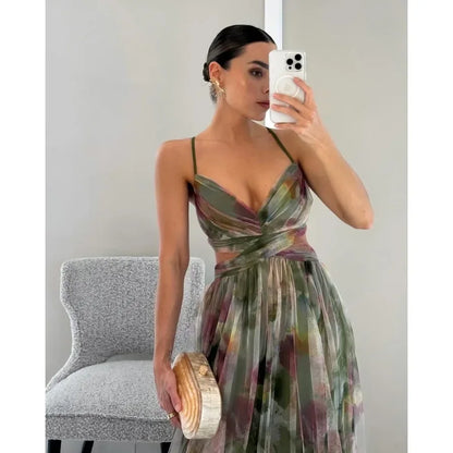 Women‘s Fashion Spring Autumn New Mesh Floral Print Beautiful Party Dress ladies Halter Dress INS Holiday Casual Long Dress