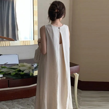 Solid Summer Sleeveless Dress Round Neck Simple Vocation Vest Dresses Beachwear Hollowed Out Open Back Long Dress Teens