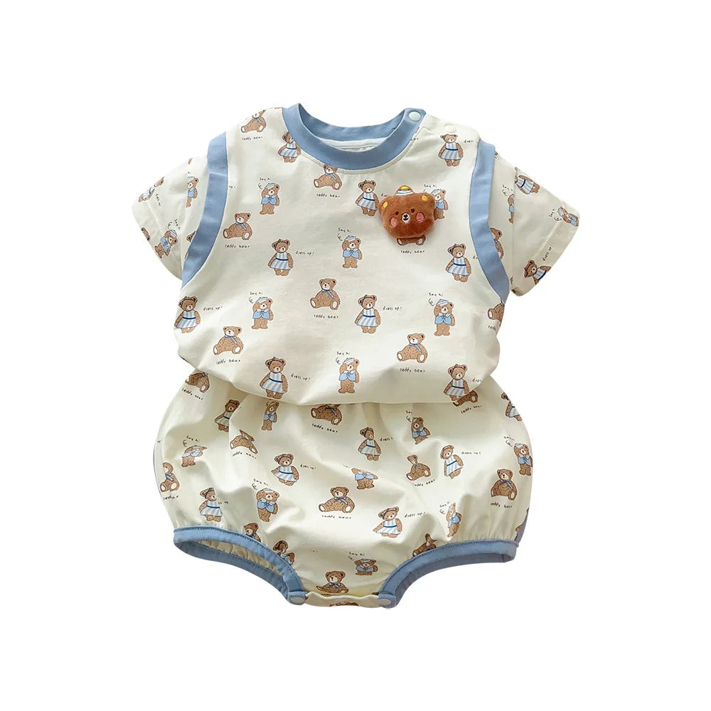 Kids Fashion: Short Sleeve Home Wear Set 2PCS , Thin Style with Cute Bear Prints, A Class Infant Clothing Set for Boys 3M-3Y