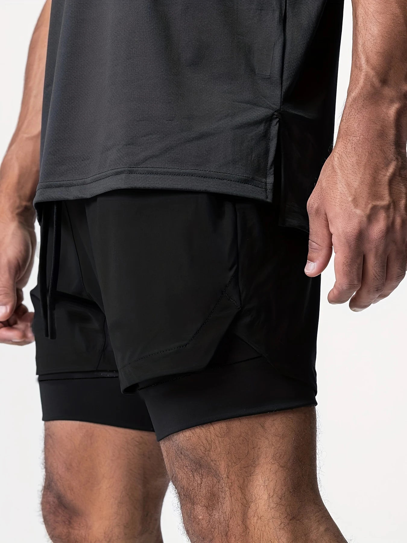 Sports shorts for men, double layered, quarter quick drying, elastic basketball, running training equipment, deep squat fitness,