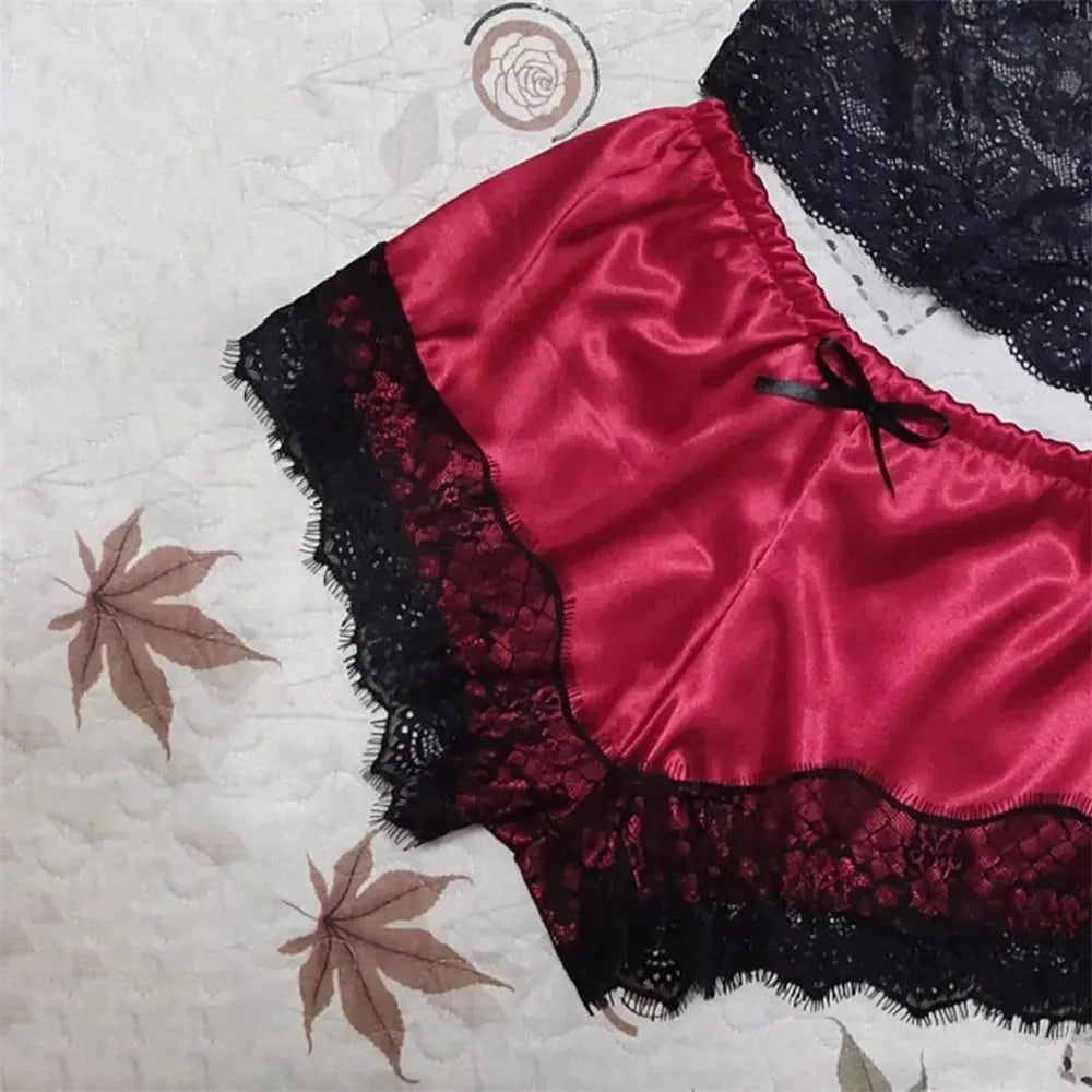 Women Pajamas Set Sexy Satin Lace Sleepwear Lingerie Ladies Elastic Suspender Shorts  Nightwear Suits Sleeveless Underwear Tops