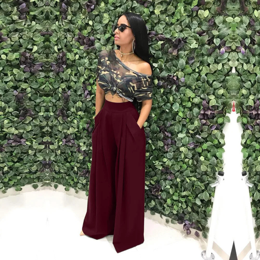 Women Casual Loose Palazzo Pants Autumn High Waisted Wide Leg Trousers Pleated Long Culottes Pants Elastic Waist Trouser Pockets