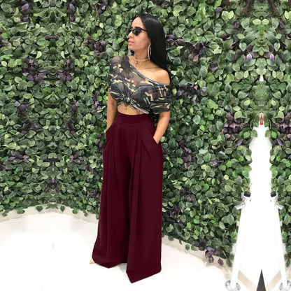 Women Casual Loose Palazzo Pants Autumn High Waisted Wide Leg Trousers Pleated Long Culottes Pants Elastic Waist Trouser Pockets