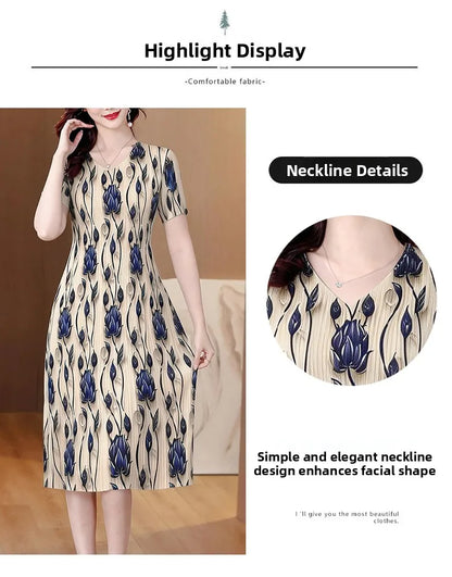 Elegant Pleated Maxi Dress for Women Summer Fashion High Waist A-Line Skirt Short Sleeve round Neck Iron-Free Business Wear
