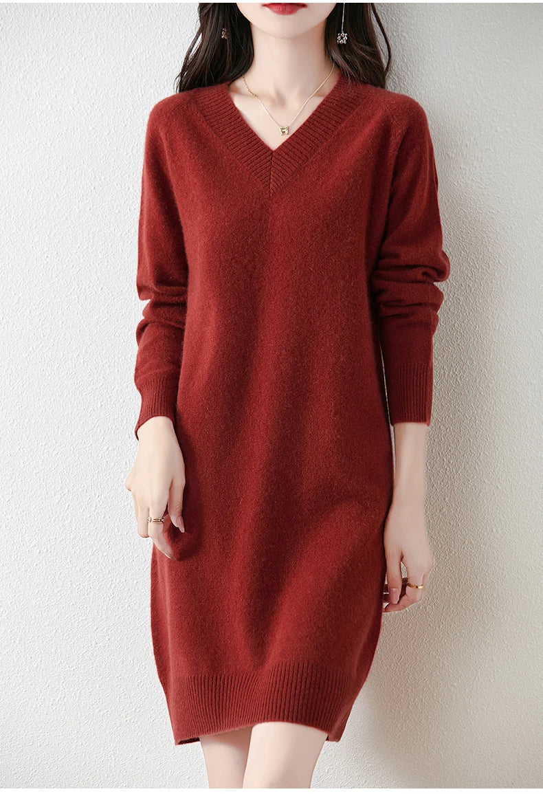 Fashion Autumn Winter Dress Women100%Merino Wool V-neck Long-sleeved Dress Women&