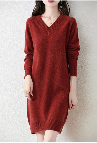 Fashion Autumn Winter Dress Women100%Merino Wool V-neck Long-sleeved Dress Women&