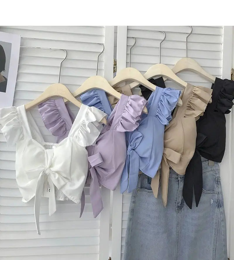 Crop Tops Camis Women Ruffles Sexy Elegant Simple Streetwear Vintage Summer Holiday Casual Young Aesthetic All-match Ulzzang New