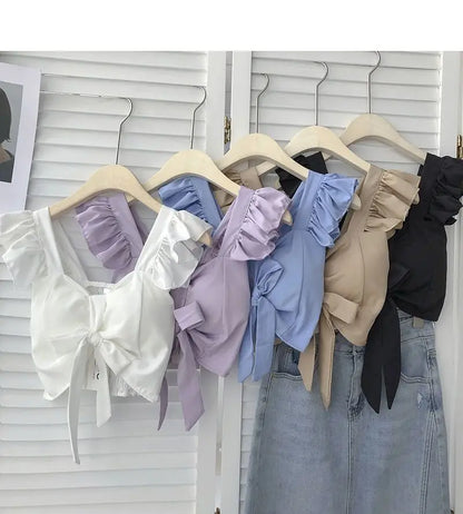 Crop Tops Camis Women Ruffles Sexy Elegant Simple Streetwear Vintage Summer Holiday Casual Young Aesthetic All-match Ulzzang New