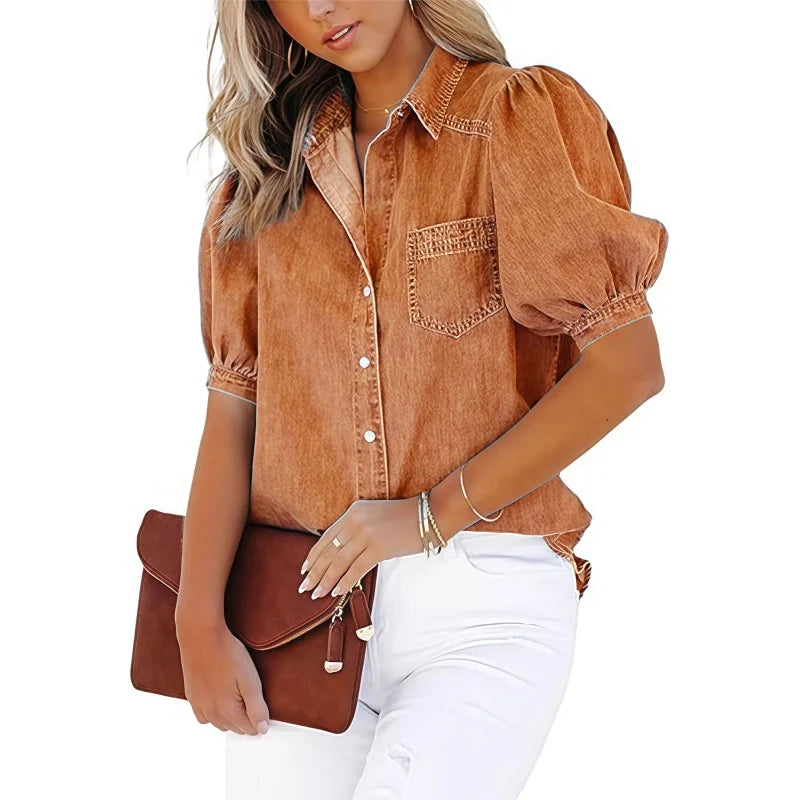 Women’s Casual Short Sleeve Shirt Loose Button Cotton Blouse Lightweight Breathable Summer Office Workwear Elegant Style