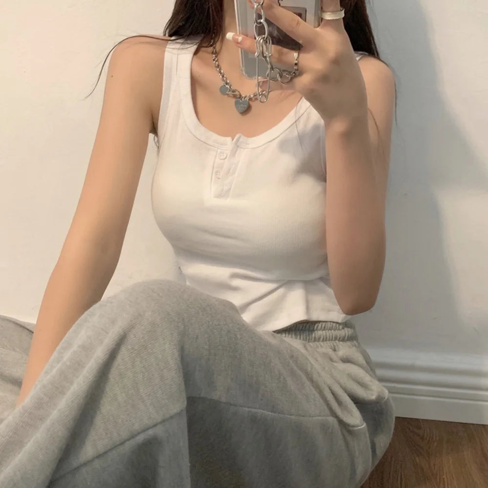 Tank Top for Women Ribbed Button Down Sleeveless Blouse Solid Color Casual Women&