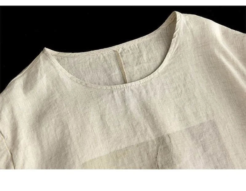 Cotton Linen T Shirts Women Fashion Vintage Art Printed T-shirt Casual Loose O-neck Short Sleeve Tops Summer Trend Thin Tshirt