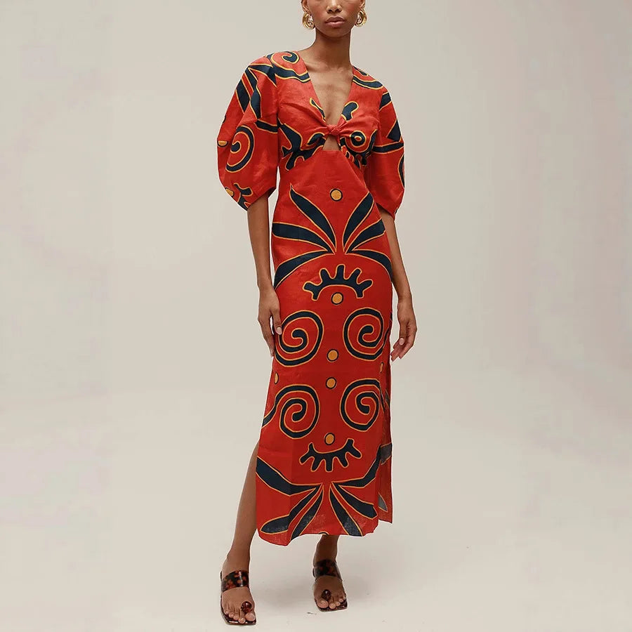 Women Fashion Linen Material  Fashion Chic Print Long Party Dresses Sexy V-neck Hollow Out High Waist Party Dress Lady Robes