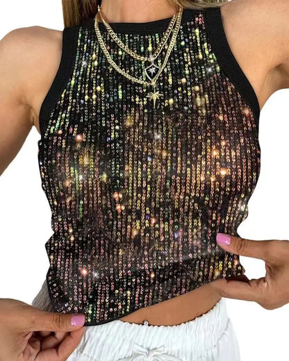 Tank Top for Women 2025 Summer New Pearl Leopard Print Small Sleeveless T-shirt Sexy Exposed Navel and Waist Color Blocked Vest