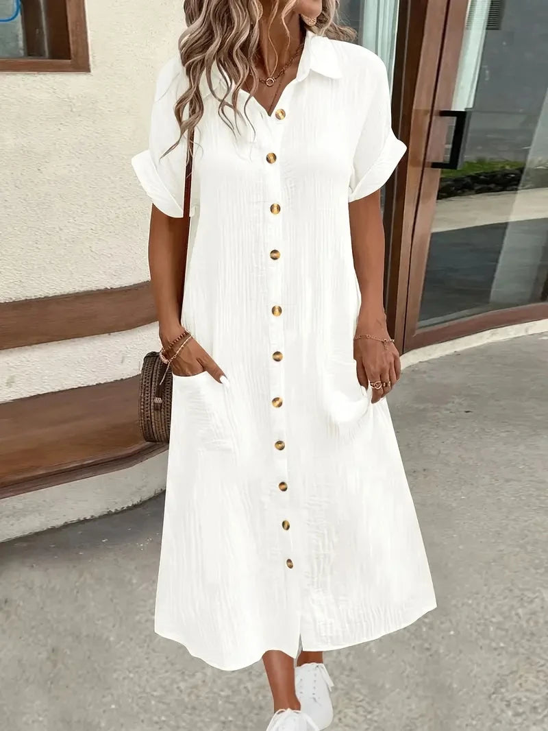 Short Sleeve Button Down Shirt Dress with Pockets Casual Loose Fit Maxi Dress for Women