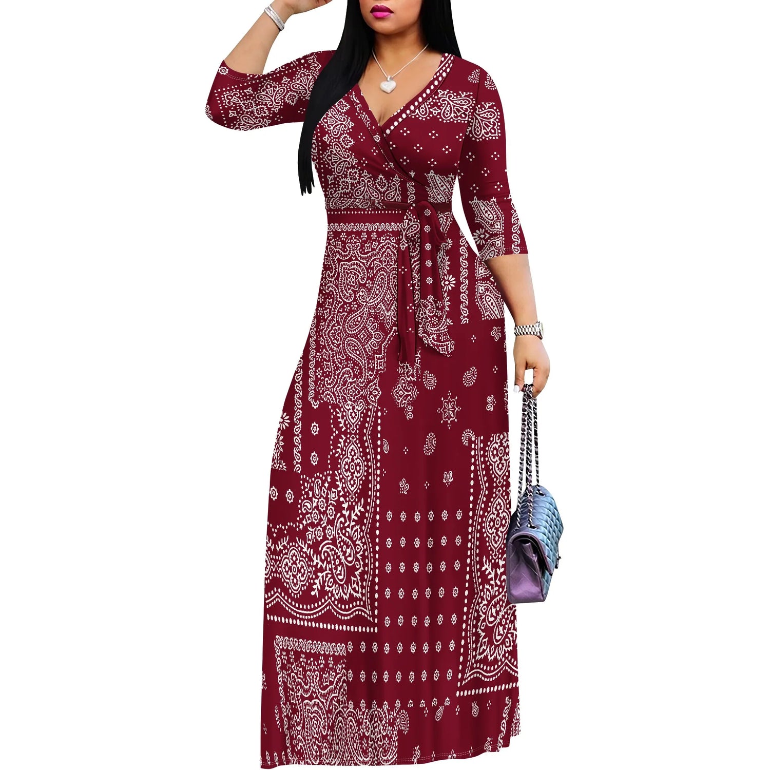 Plus Size Dresses for Women Print Maxi Dresses Flowy 3/4 Sleeve with Belt