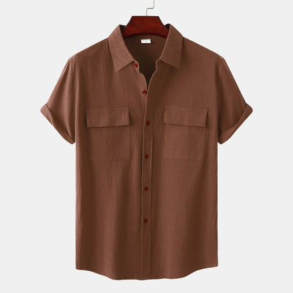 Turn Down Collar Men Shirts Solid Short Sleeve Shirts Single Breasted Casual Shirt Buttons Cardigan Sports Loose Breathable