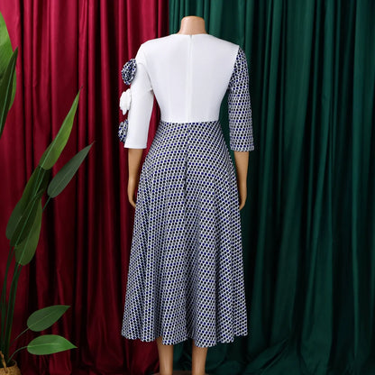 Elegant Dresses for Women 2026 Fall Fashion African 3/4 Sleeve Party Birthday New Robe Chic 3D Flower Plaid Evening A-Line Dress