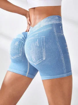 Women V back Shorts Faux Jeans Elastic Workout Sports Yoga Pants Butt Lifting Leggins Fitness Athletic Short Tights Seamless