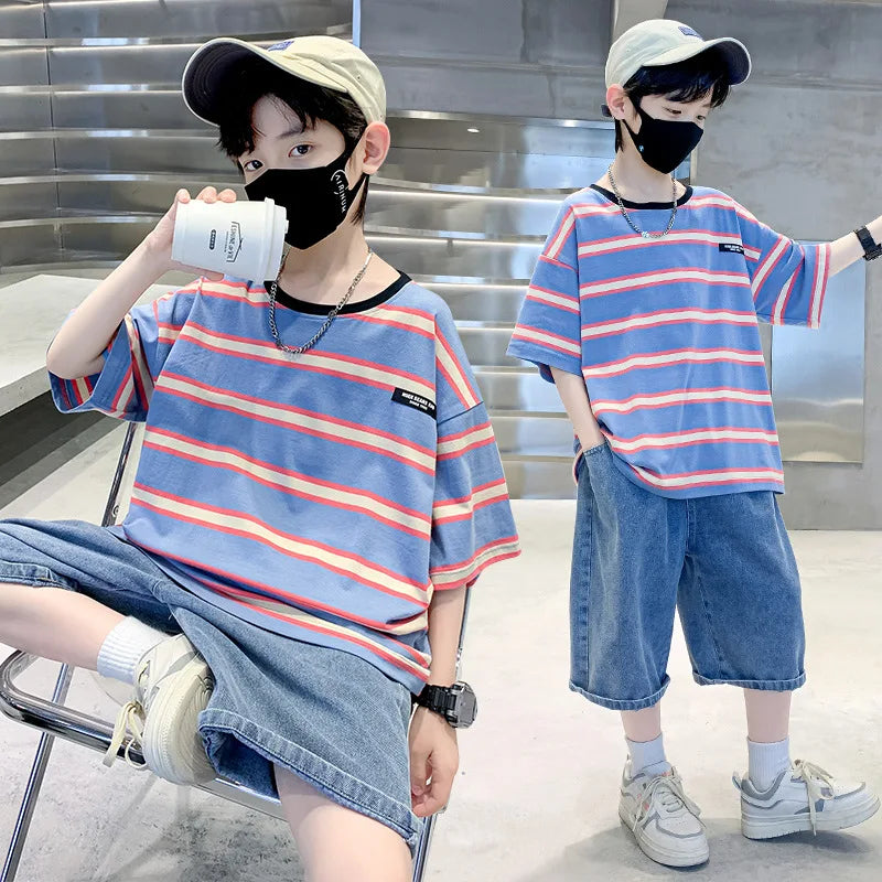 Kids Clothes T Shirt Summer Boys Girls Color Block Gradient Short Sleeve T Shirt Tops Children&