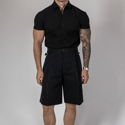 Trendy Ribbed Polo Shirts For Men Sports Fitness Muscle Short Sleeve Slim Stretch Tops Casual Pure Color Lapel Polo Mens T Shirt
