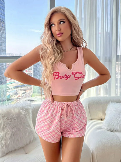 Sleepwear Womens Pyjamas Sexy Set Sexy Lingerie Casual Printed Camisole with Plaid Shorts Sets Nighty Pajamas Loungewear